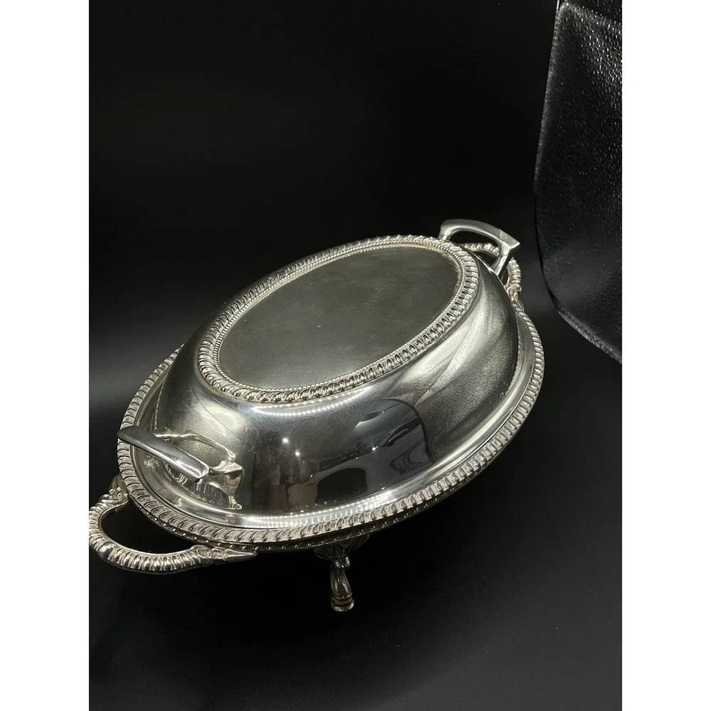 Vintage English Silverplate Covered Serving Dish Oval Footed 3115X Elegant